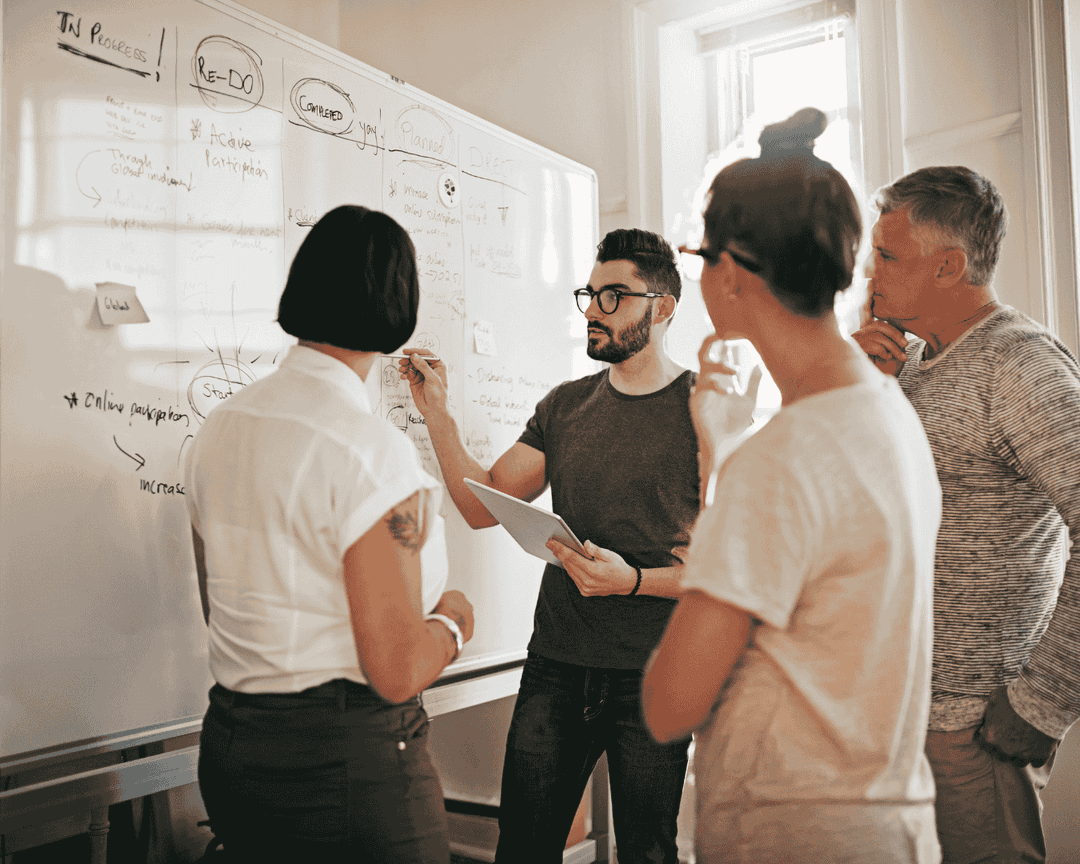 Dynamic marketing team planning a campaign in a collaborative office setting
